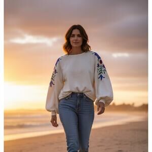 Zara Sweatshirt Womens Small White Floral Balloon Sleeve Boho Oversized Fleece